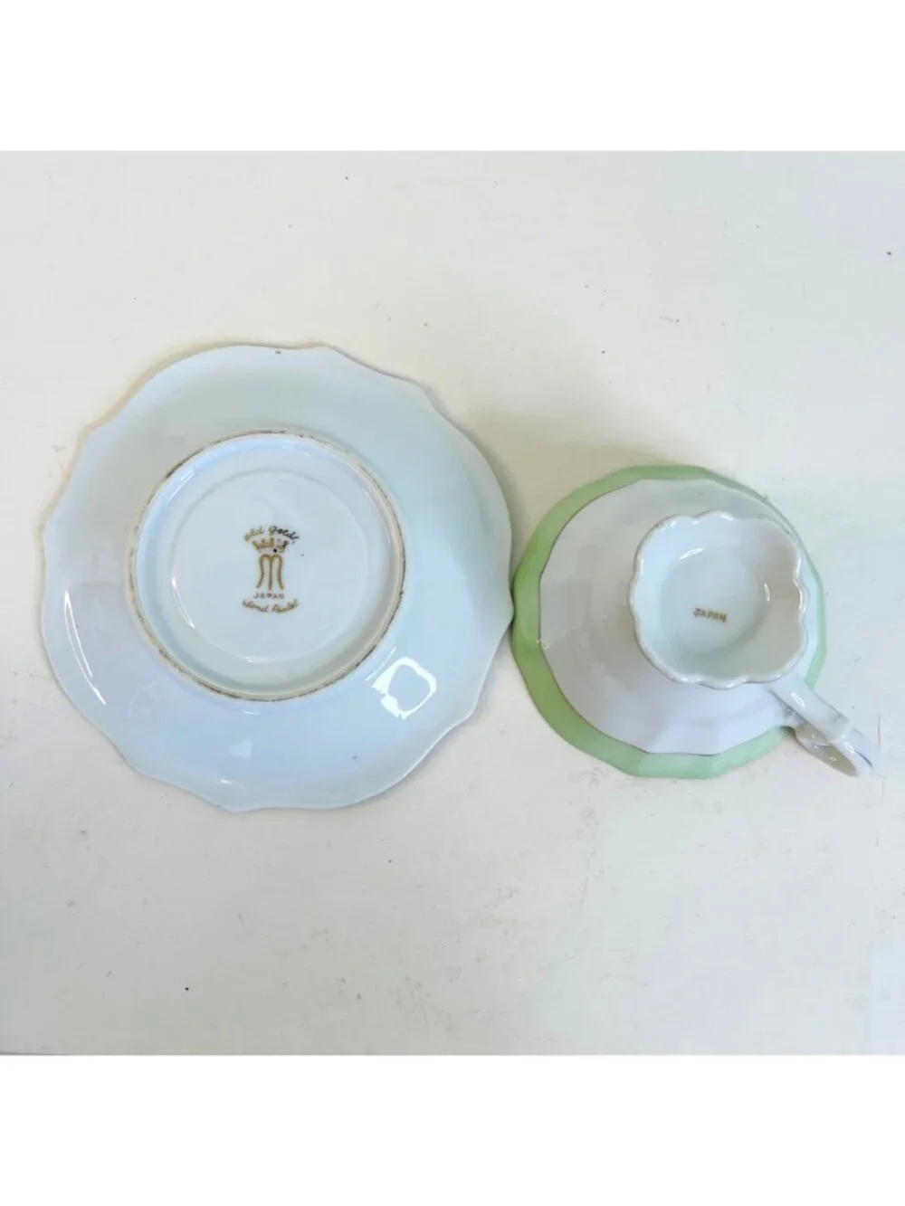 Vintage Old Gold Japan Teacup and Saucer Set Hand Painted Green Floral Rose